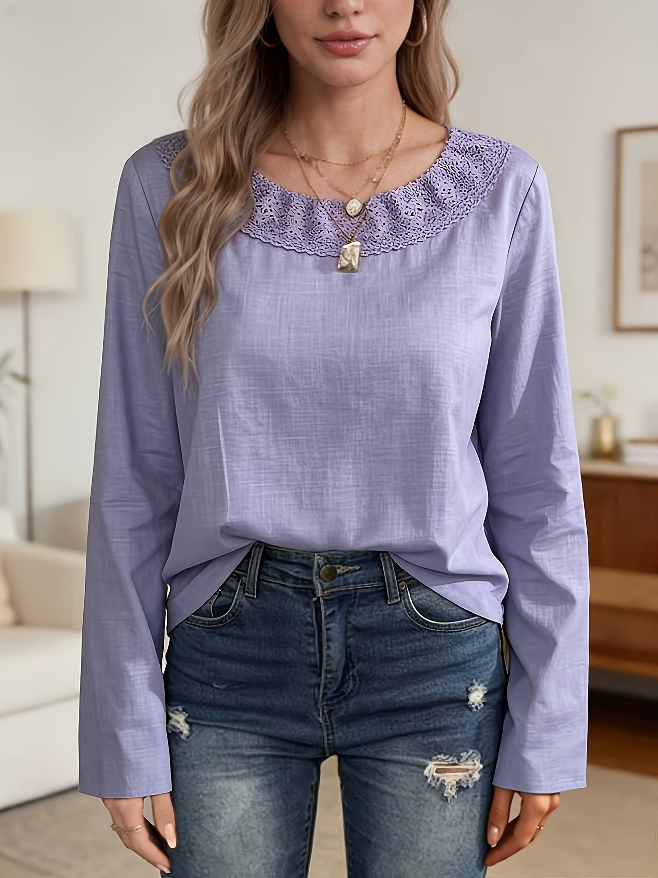 European And American-style Lavender Vintage Lace-trimmed Casual Crew-neck Long-sleeve Top