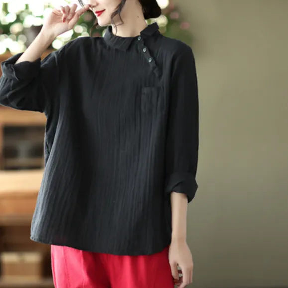 Vintage Oblique Placket Long sleeved Double layer Cotton Yarn Shirt Women's Artistic Pullover Top Black - Shop at LoveMi