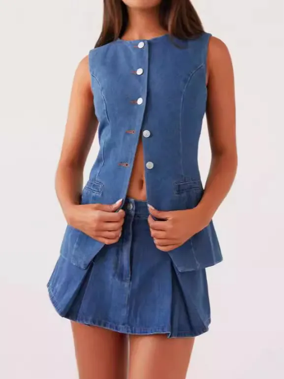 Fashion Sleeveless High Waist Women's Suit Denim Blue - Shop at LoveMi
