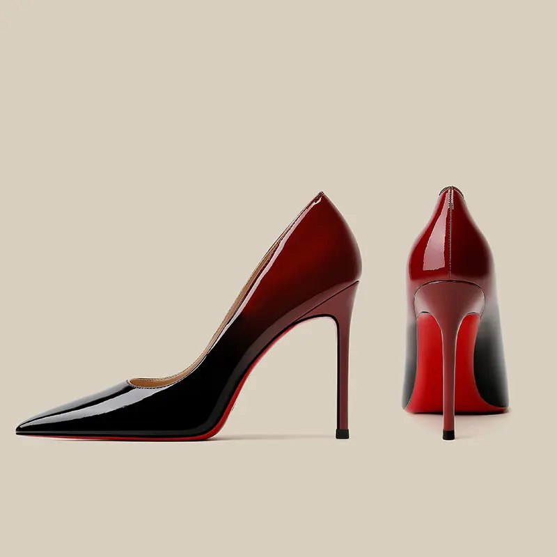 Patent Leather Black Red Gradient Color High Heels Niche