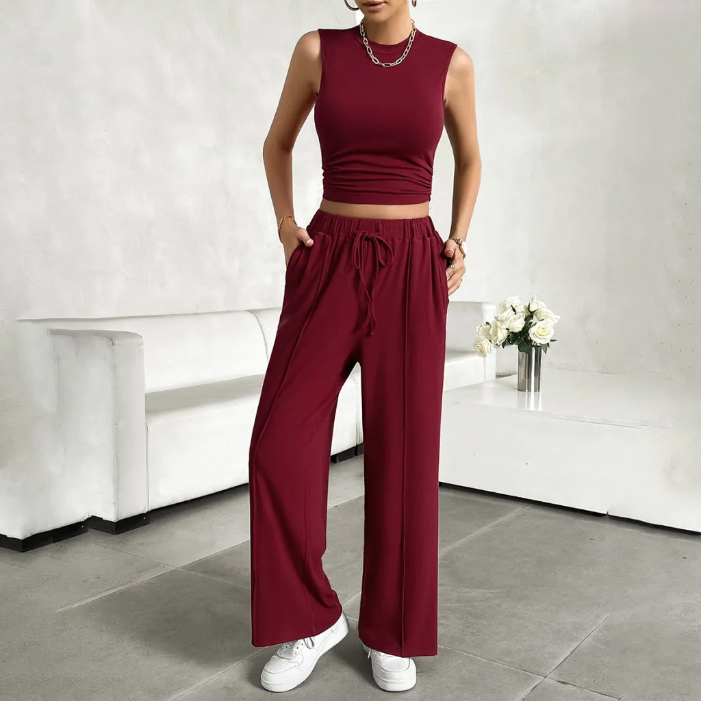 Urban Casual Solid Color Top Vest Pants Suit - Wine Red