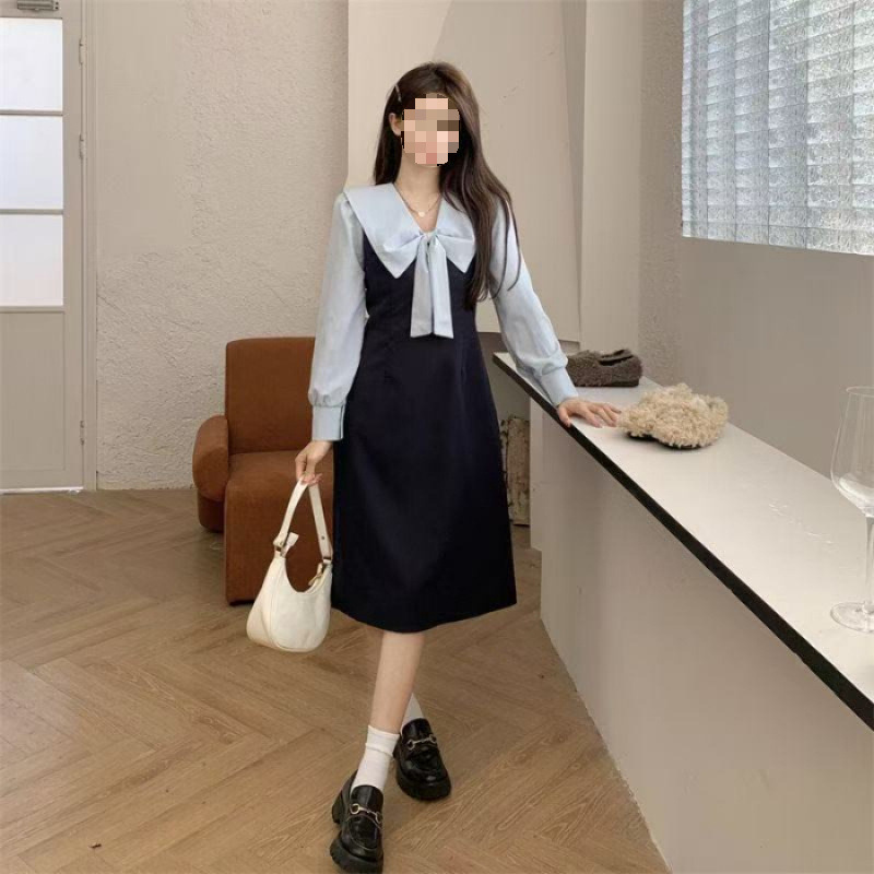 French Minority High grade Dress Fake Two piece Long Skirt Slim Looking Large Size Women's Wear Blue - Shop at LoveMi