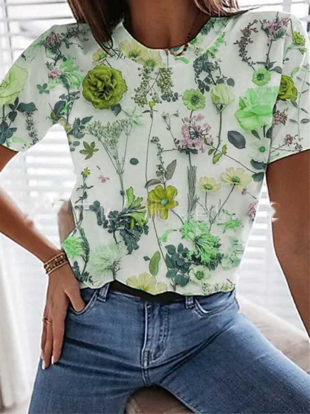 Summer Printed Round Neck Short Sleeve T shirt Top Women's Clothing Green - Shop at LoveMi