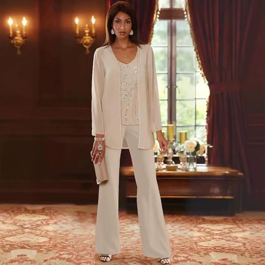 European And American Banquet Gown Three-piece Set Cardigan, Slip Dress And Flared Pants Suit