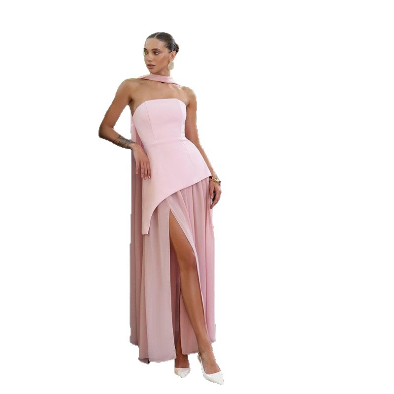 Womens Solid-Color Strapless Dress With Fluttering Ties And A Slit