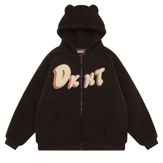 Embroidered Teddy Bear Ear Hooded Lamb Wool Coat Brown - Shop at LoveMi