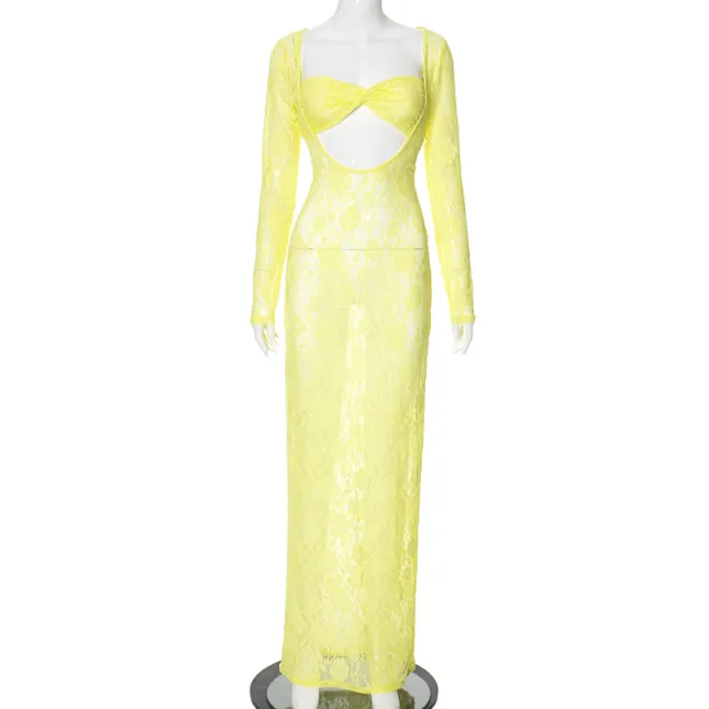 Summer New Solid Color Hollow Dress Yellow - Shop at LoveMi