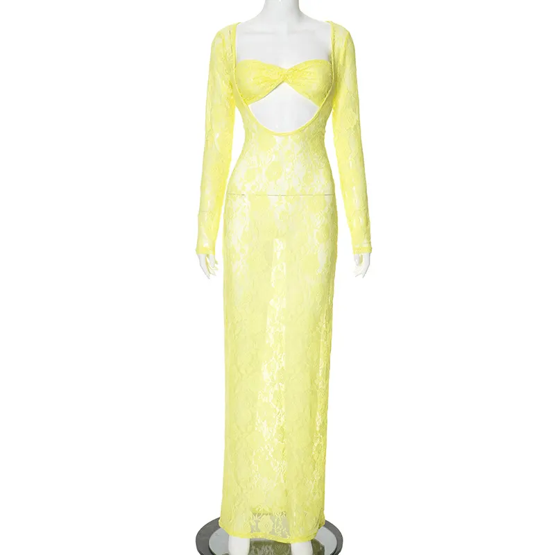 Summer New Solid Color Hollow Dress - Yellow