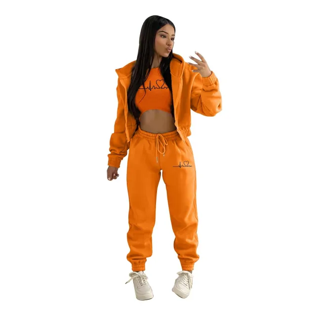European And American Fashion Women's Wear Brushed Hoody Hooded Letter print Casual Suit Three piece Set Orange - Shop at LoveMi