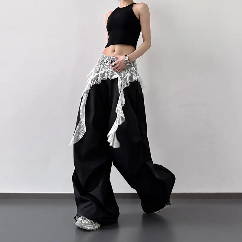 Women's Lace Stitching Wide-leg Workwear Trousers