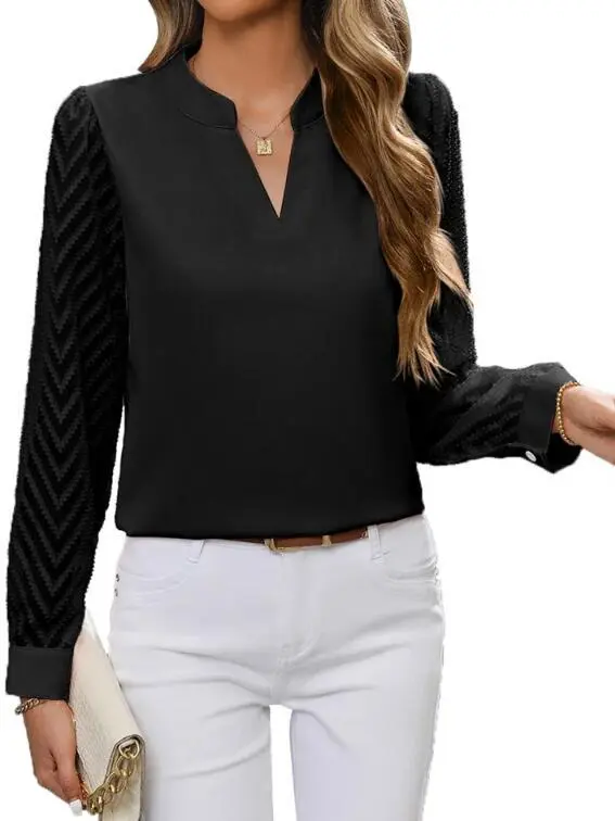 Chiffon Patchwork Long Sleeve Solid Color And V neck Shirt Black - Shop at LoveMi