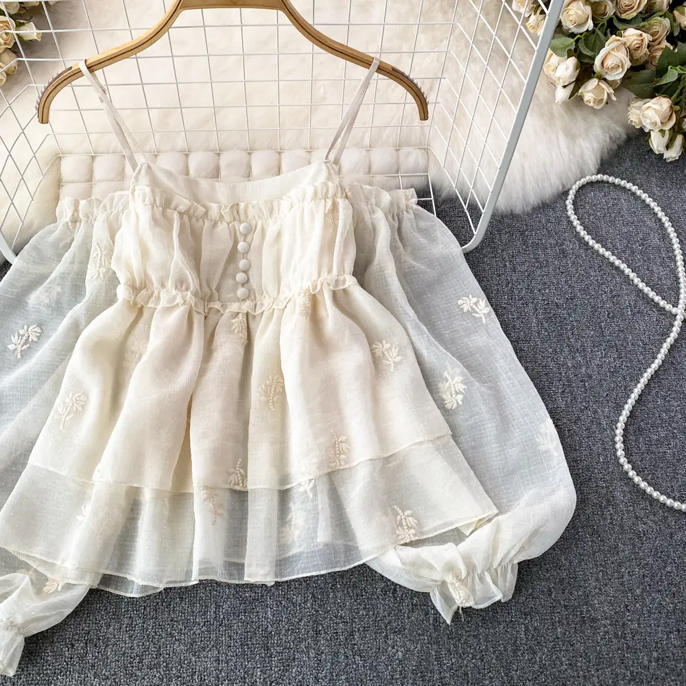 Sweet Off-shoulder Puff-sleeve Shirt With A Boat Neckline And Embroidered Ruffled Trim