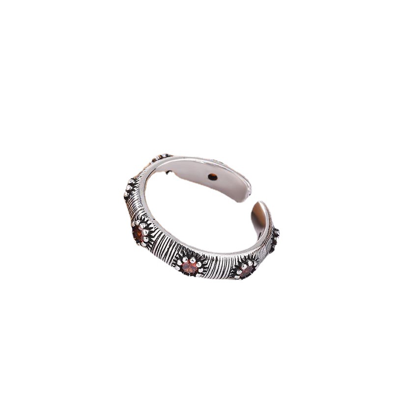 European And American Vintage Thai Silver Grain Zircon Flower Ring