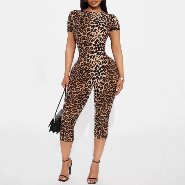 Stretchy Leopard Print Short Sleeve Backless Jumpsuit Dark Brown - Shop at LoveMi