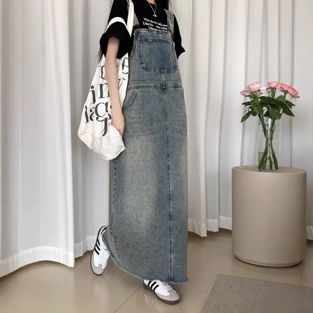 All matching Retro Anti aging Sleeveless Strap Dress Women's Spring And Summer Leisure Loose Slimming And Straight Denim Long Skirts Blue - Shop at LoveMi