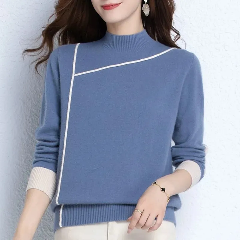 Women's Solid-Color Turtleneck Pullover Long-Sleeve Sweater - Blue