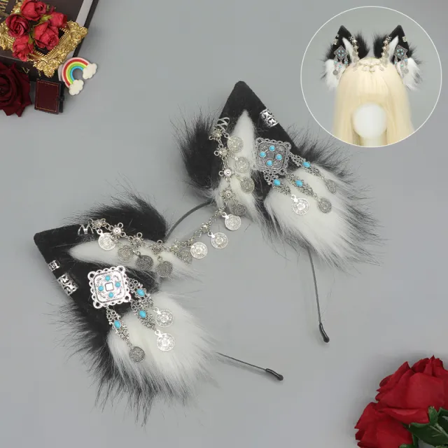 Tibetan Hair Accessories Exotic Wolf Ear Animal Ears Headband Bohemian Travel Photo Shooting Props Black And White - Shop at LoveMi