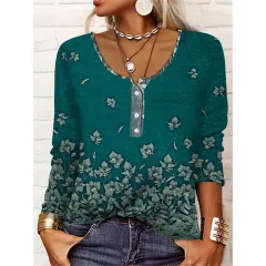 Autumn And Winter Loose Long Sleeve Geometric Flower Mang U Neck Button T-shirt For Women - 1 - View 1