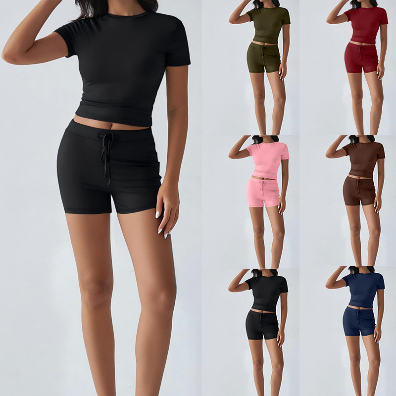 New Breathable Yoga Short-Sleeve Top And Shorts Drawstring Casual Sports Womens Set - Image 1