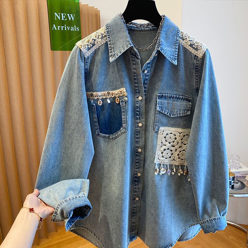 Loose-fit Lace Epaulette Patchwork Shirt Jacket Top Loose-fit Lace Epaulette Patchwork Shirt Jacket Top