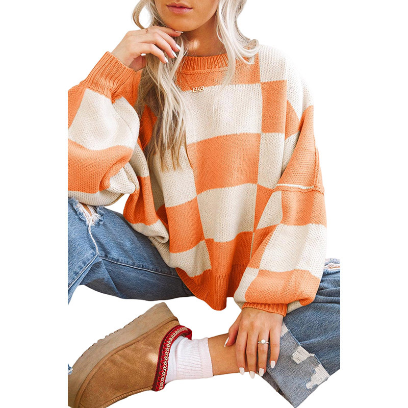 Leisure Style Plaid Printed Long-sleeved Top Warm Pullover Crew Neck Sweater Factory Direct Sales