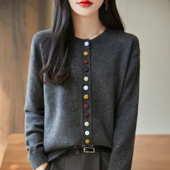 Women's Knitted Cardigan Jacket With Colorful Buttons - Gray - View 1