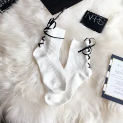 Ribbon Cross Strap Bow Vertical Pure Cotton Girl Student Lace-up Socks - White Socks Black Ribbon - View 1