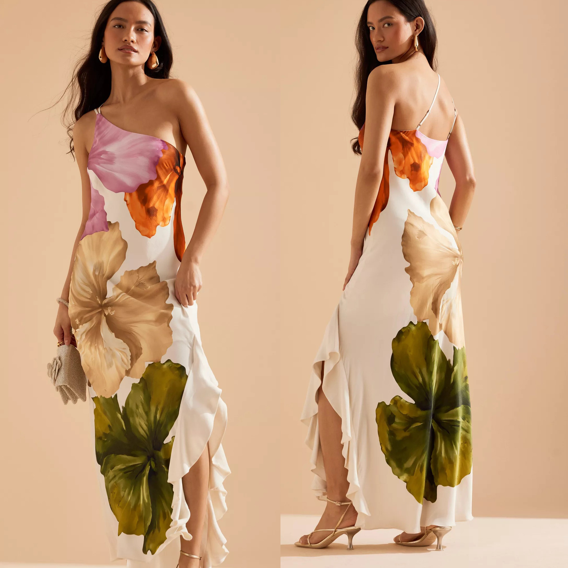 فستان نسائي جديد مطبوع عليه أكتاف مائلة للربيع والصيف