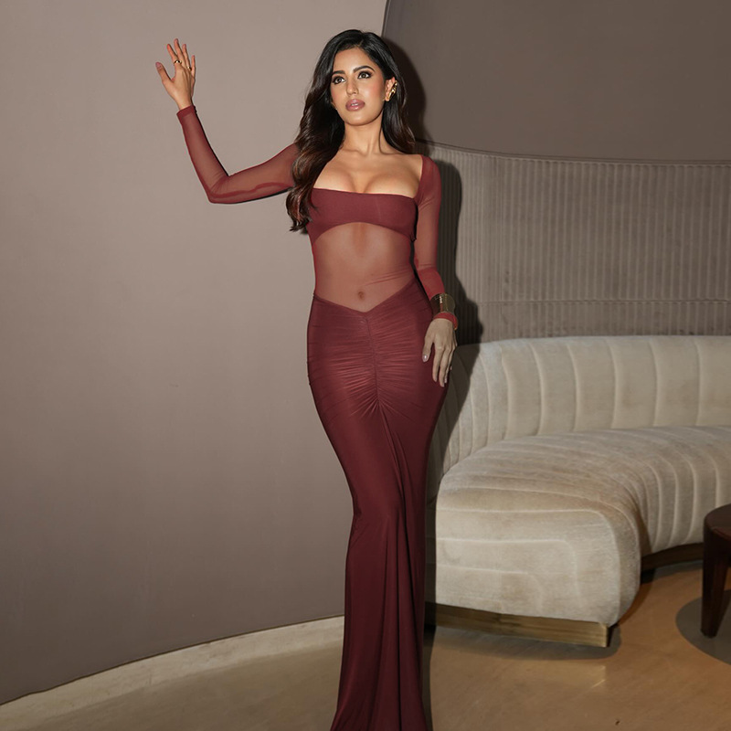 Women's Fashion Mesh Long-sleeved Dress