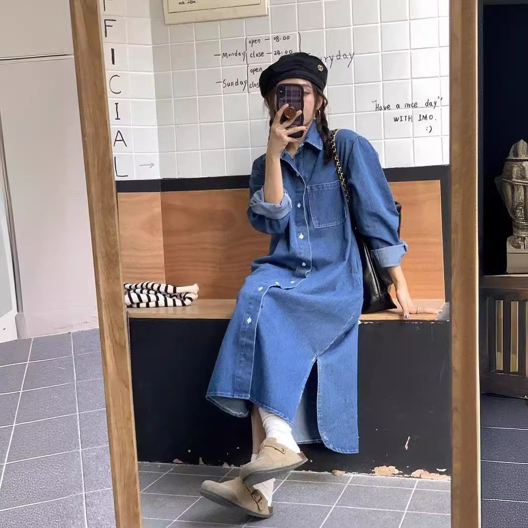 Single Breasted Loose Shirt Dress Casual Long