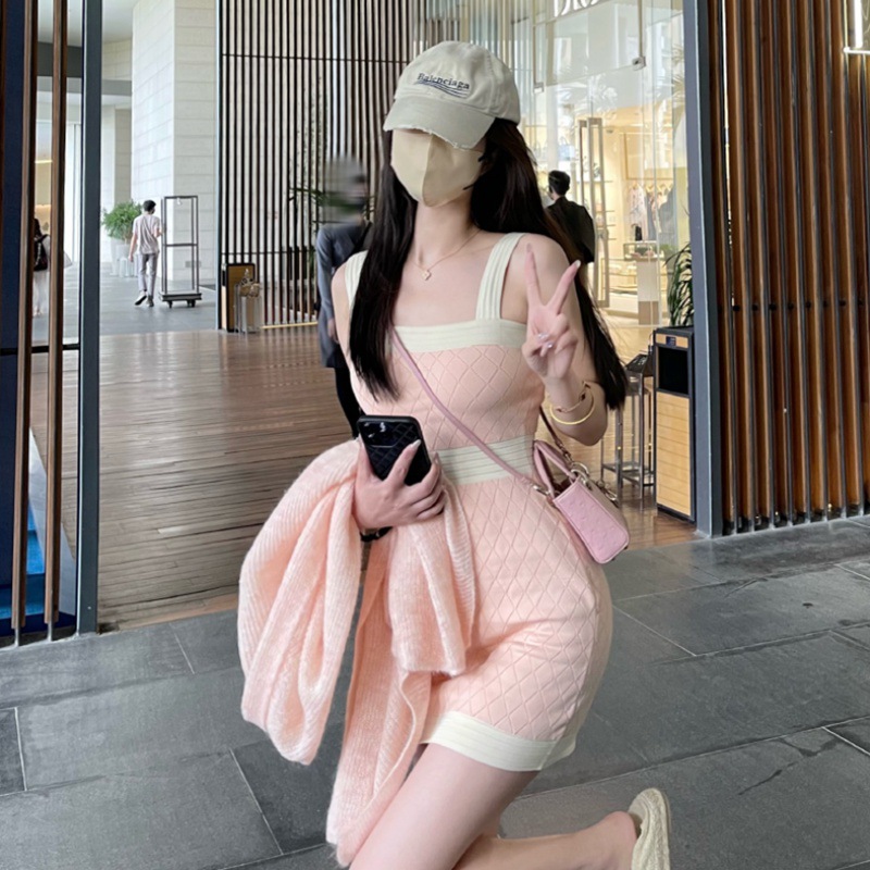 Slim-fitting Patchwork Suspender Knitted Woolen Dress