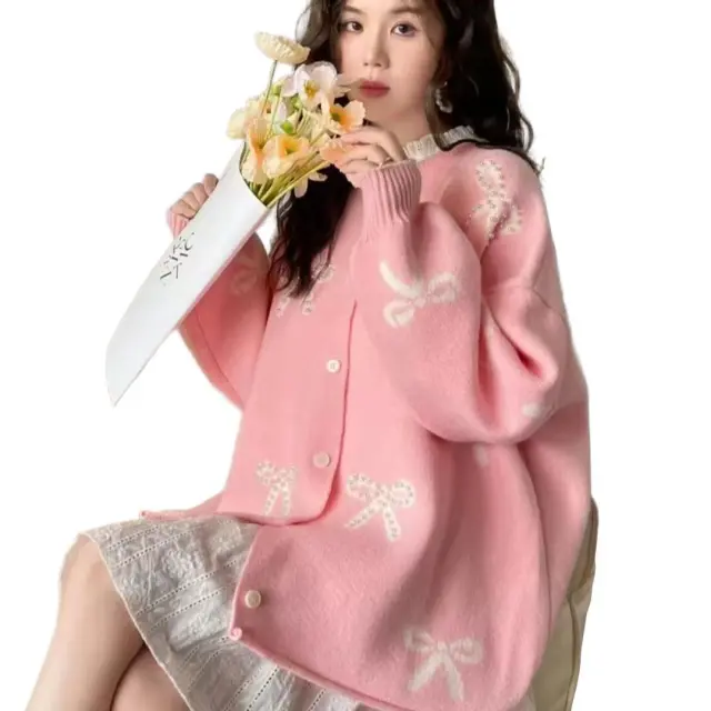 Bow Knit Sweater Coat Women Loose Design Sense Cardigan Top Casual Style Pink - Shop at LoveMi