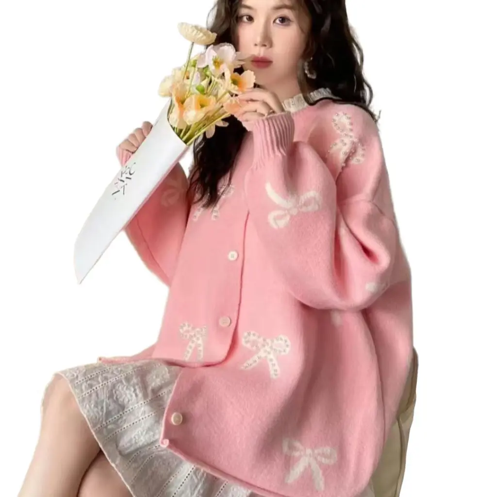 Bow Knit Sweater Coat Women Loose Design Sense Cardigan Top Casual Style - Pink