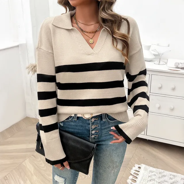 Women's Loose Striped Contrast Color Lapels Sweater Apricot - Shop at LoveMi