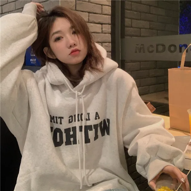 Velvet Padded Hooded Sweatshirt Women's Korean style Loose Oat Gray - Shop at LoveMi