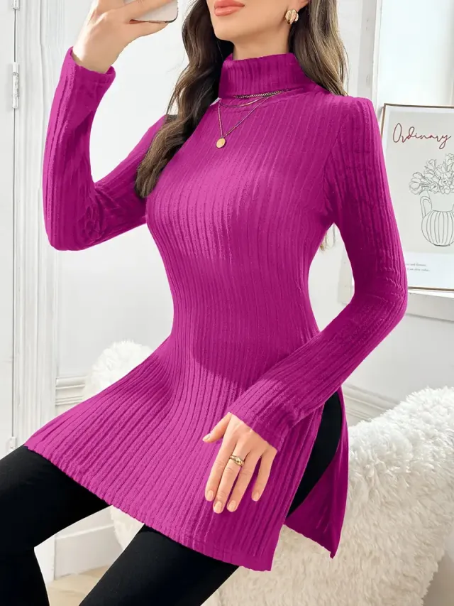 Plus Size Women's Turtleneck Pullover Side Slit Mid length Sweater Rose Red - Shop at LoveMi