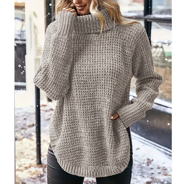 Fashionable High Lapel Split Pullover Long Sleeve Sweater Khaki - Shop at LoveMi
