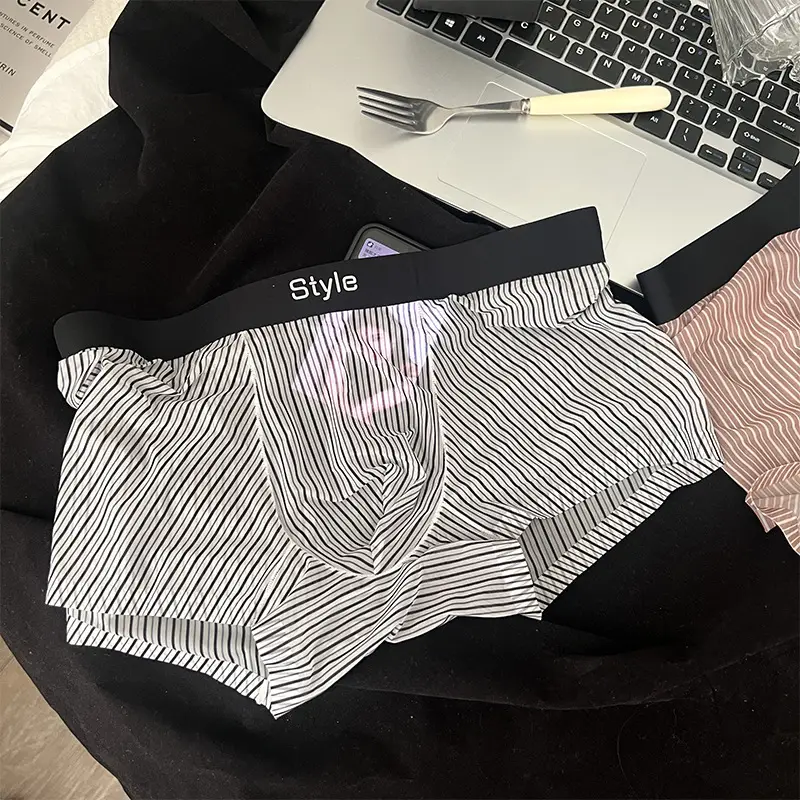 Vintage Stripe Men's Ice Silk Breathable Transparent Bottom Crotch Boxer Briefs