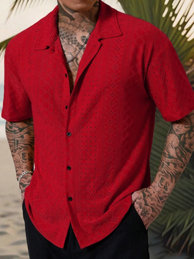 Mens Versatile Hollow-Out Jacquard Casual Shirt