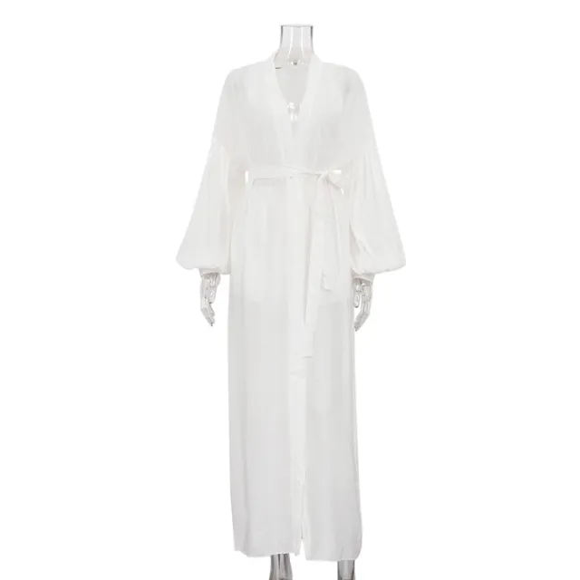 Puff Sleeve Cardigan Lace up Robe Shorts Casual Two piece Suit White - Shop at LoveMi
