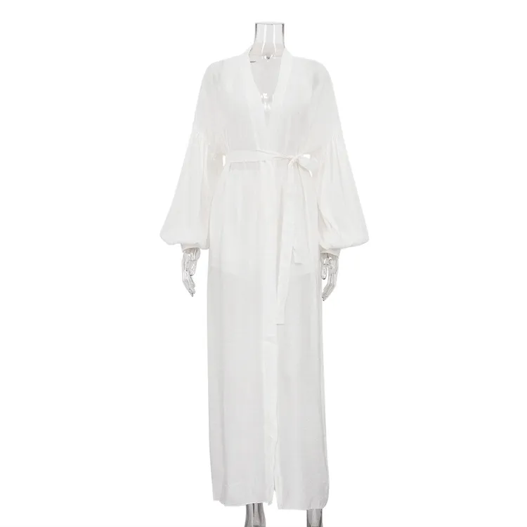 Puff Sleeve Cardigan Lace-up Robe Shorts Casual Two-piece Suit - White
