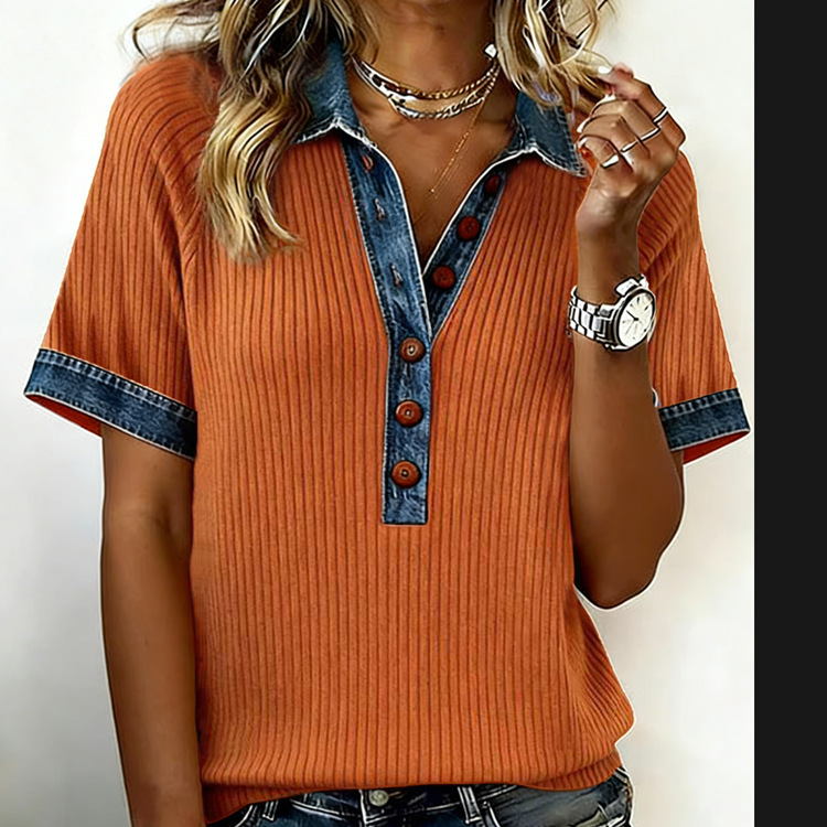 Euro-American Fashionable Trendy Denim-trimmed Loose T-shirt