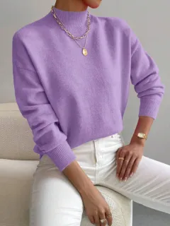Autumn And Winter Half-high Collar Pullover Women's Fashion Solid Color Loose Knitted Top - Purple - View 1