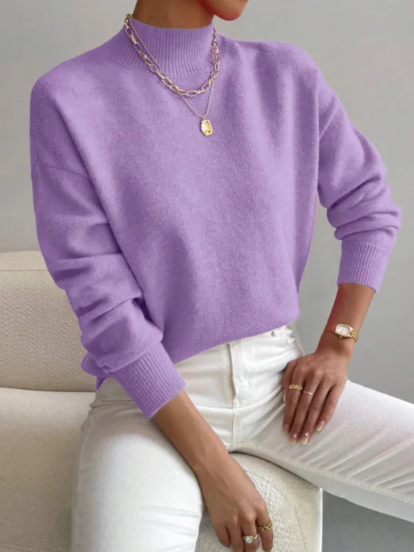 Autumn And Winter Half high Collar Pullover Women's Fashion Solid Color Loose Knitted Top Purple - Shop at LoveMi