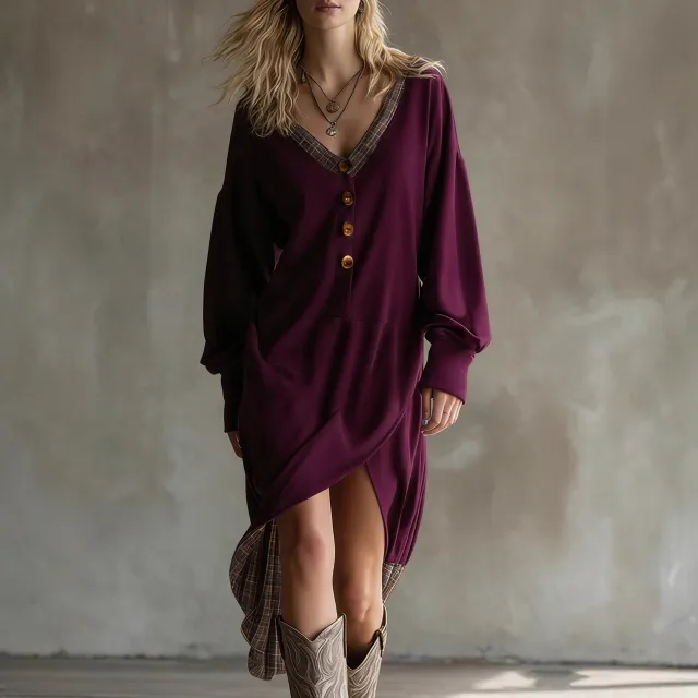 Fashionable Casual V Neck Long Sleeve Dress Red - Shop at LoveMi