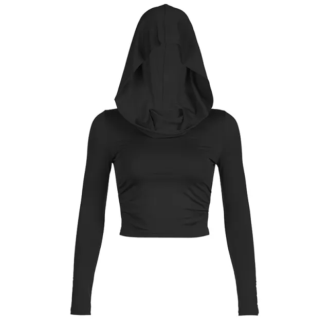 Solid Color Swing Collar Off shoulder Hooded Top 4094 Black - Shop at LoveMi