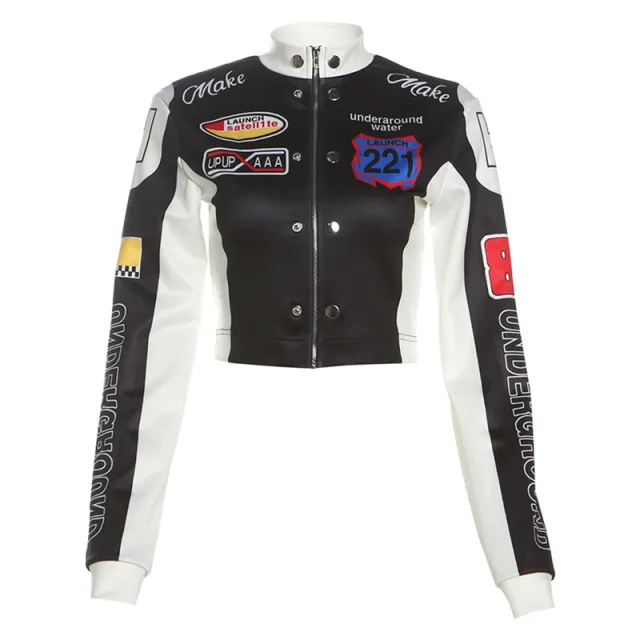 Women's Cropped Printed Long Sleeve Baseball Uniform Coat Black - Shop at LoveMi