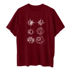 Printed Round Neck Short Sleeve Sun Moon Sun Moon Printed Top Women's T-shirt - A Red - View 1