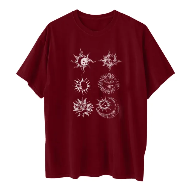 Printed Round Neck Short Sleeve Sun Moon Sun Moon Printed Top Women's T shirt A Red - Shop at LoveMi