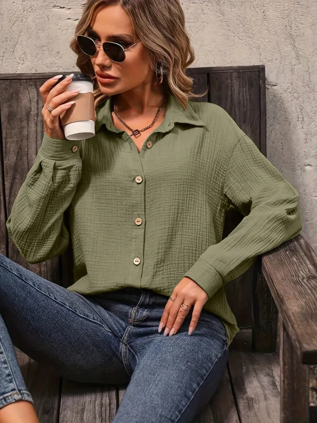 Women's Solid Color Front Button Drop Shoulder Shirt Women's Olive - Shop at LoveMi